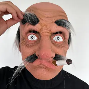 Novelty smoking grandpa full-head mask with beard, Halloween party costume, adult full-head role-playing accessory, perfect for Halloween, masquerade parties, and birthday gifts.