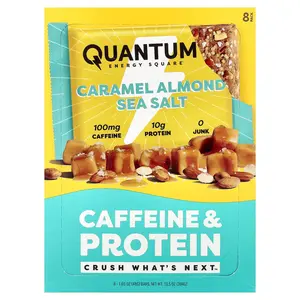 Quantum Energy Square Caffeine & Protein Bar, Caramel Almond Sea Salt, 8 Bars, 1.69 oz (48 g) Each
