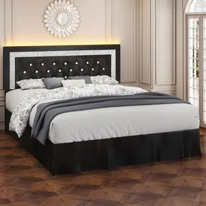 SIBEDS Diamond Tufted Crystal Button Upholstered  Frame with Adjustable Headboard LED Lights & Wooden Slats Black/White/Grey Cama con Luces LED