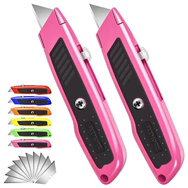JETMORE Box Cutter, 2 Pack Utility Knife, Box Cutter Retractable, Pink | Pink box cutter for Cardboard, Packages, Office, Garage, Crafts, 10 SK5 extra box cutter blades support quick replacement