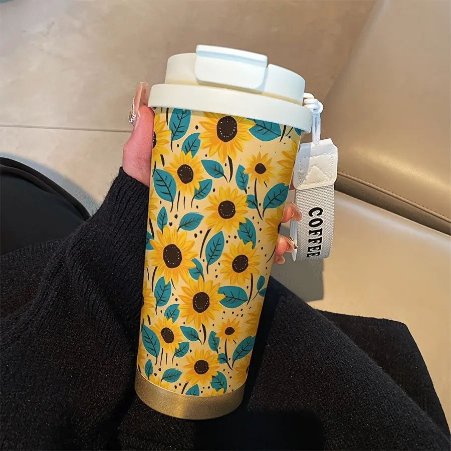 Sunflower Coffee Cup Set, 530ML Stainless Steel Reusable Vacuum Insulated Travel Mug with Straw and Lid, Hot/cold Drinks, Office & Outdoor Use, Insulated Flask
