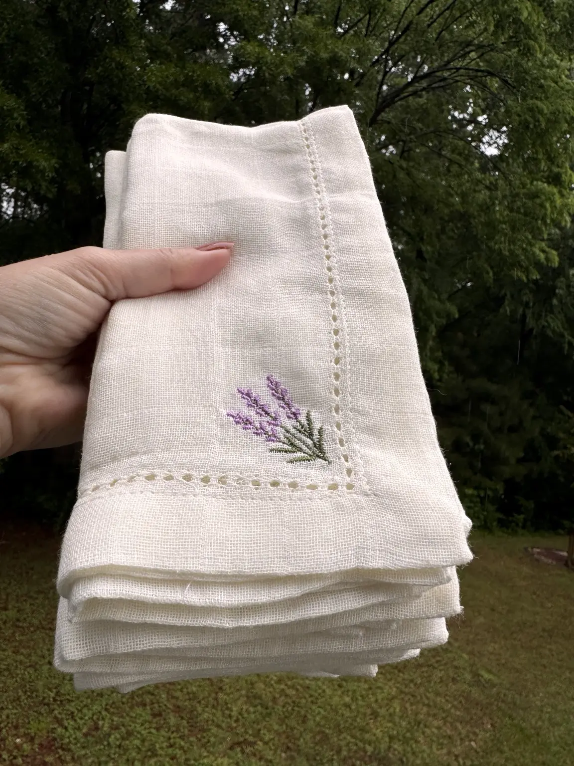 Lavender Embroidered Hemstitch Cotton Napkin – Ivory