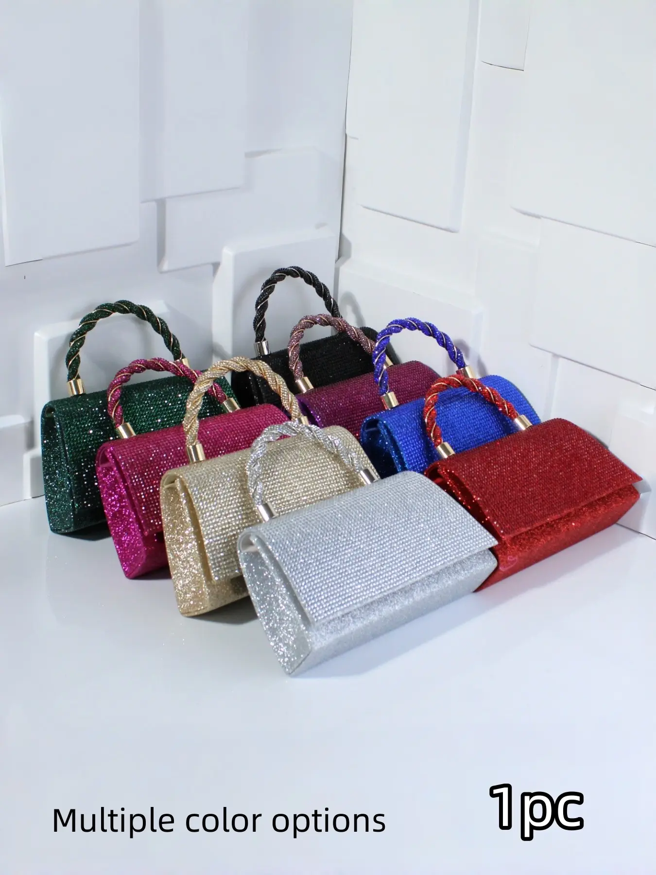 Shiny Braided Handle Evening Bag, 8 Color Options Rhinestone Handbag, Elegant Envelope Clutch for Weddings and Parties, Evening Clutch Purse, Fashion Bags, All Seasons