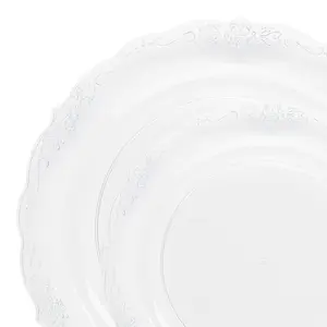 Clear with Silver Vintage Rim Round Disposable Plastic Dinnerware Value Set