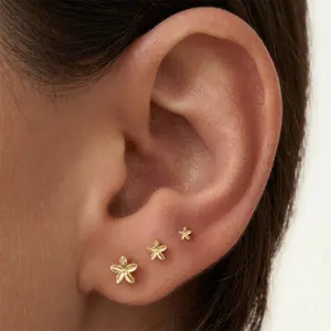 Mini Flower Butterfly Cross Stud Earrings for Women 14K Gold Plated Hypoallergenic Cute Screw Flatback Earring Set(3 Pairs)