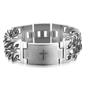 Vintage Stainless Steel Cross English Bible Lords Prayer Link Wrist Bracelet For Men Gold-Plated 304 Adjustable Length 7.48-8.26 Inches