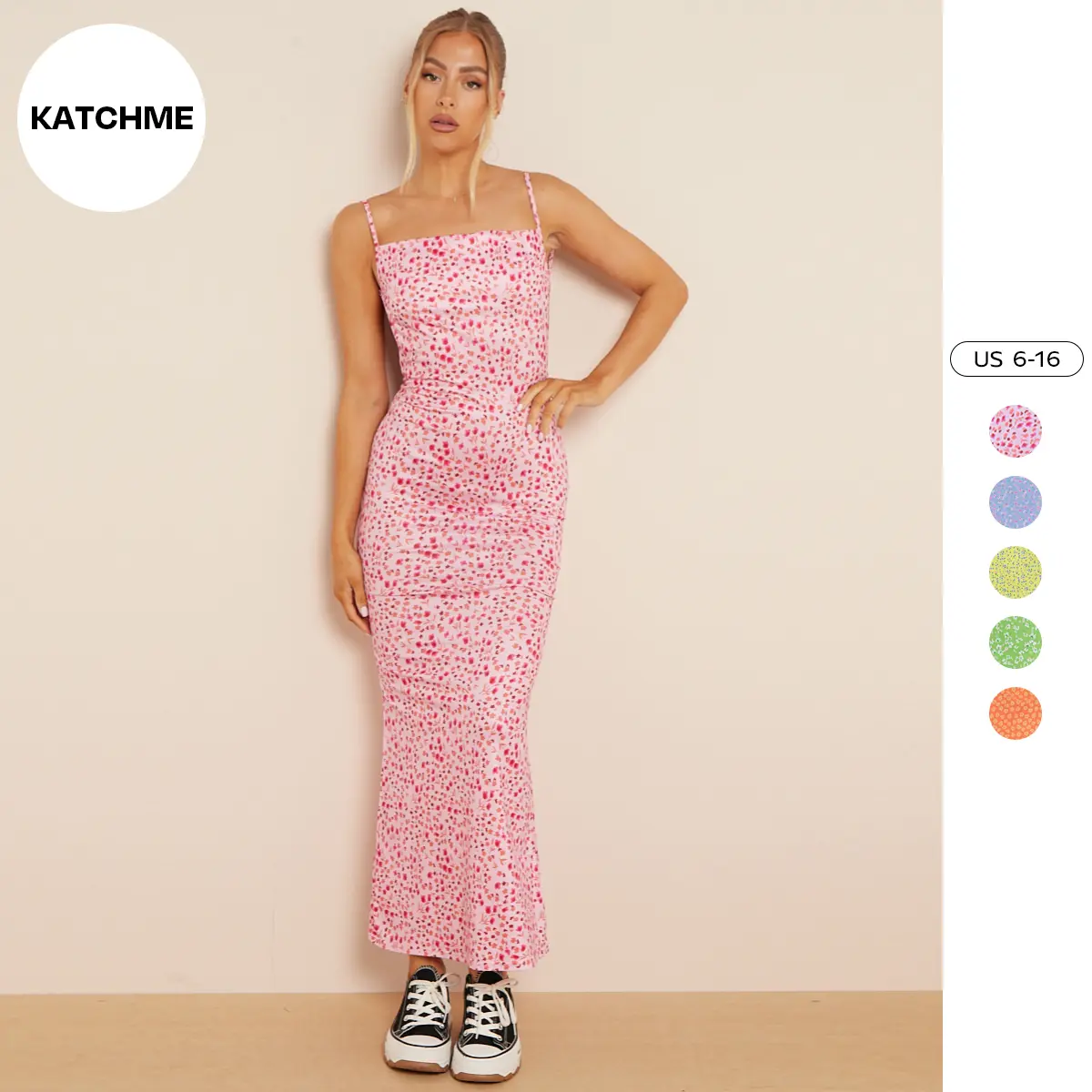 KatchMe Women's Sweet Floral Print Low Back Thin Straps Slinky Dress,Slim-Fitting Womenswear,Backless Summer Ladies Spaghetti Straps Maxi Dresses