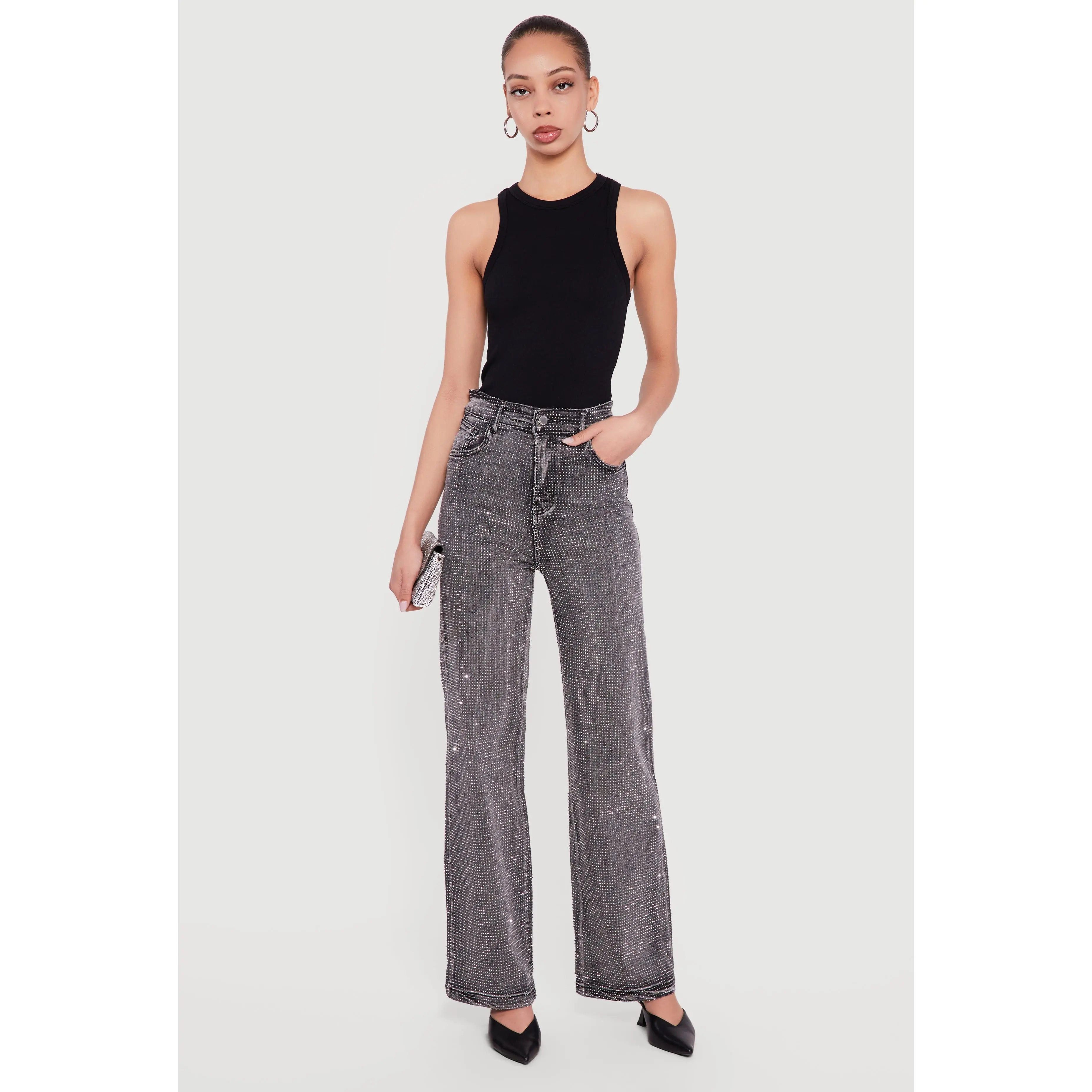Rhinestone Studded High Waisted Straight Leg Jeans Rhinestone Studded High Waisted Straight Leg Jeans