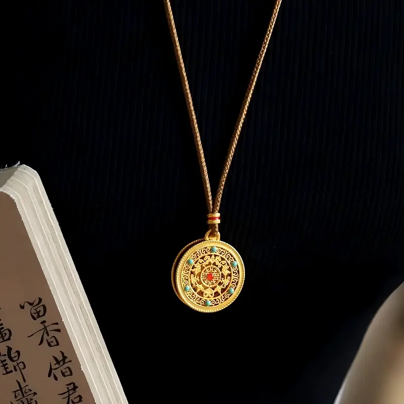 Auspicious 8-Treasures Statement Pendant Necklace - Luxurious Imitation Jade-Gold Costume Jewelry with Elegant Peacock Design, Fabric Accents, Daily Wear Accessory, Adult Appreciation Gift with Gift Box