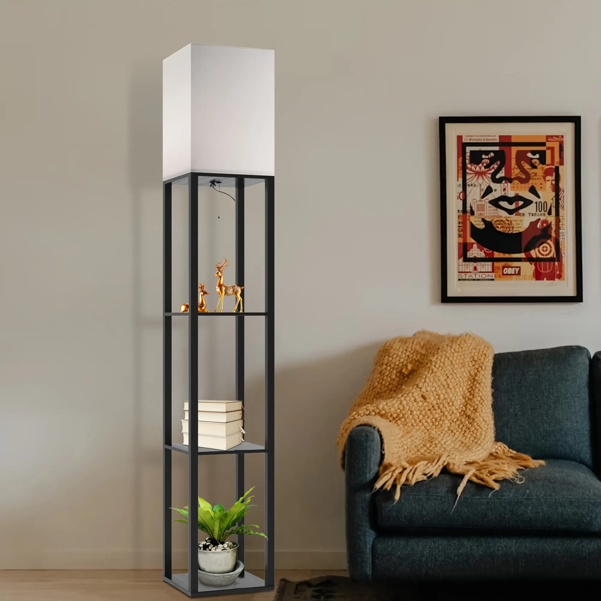 1pc Column Floor Lamp With Shelves, Modern Shelf Floor Lamp With 9W LED Bulb, 3 Tier Storage Display Standing Reading Lamp Narrow Corner Nightstand Light For Bedroom Living Room