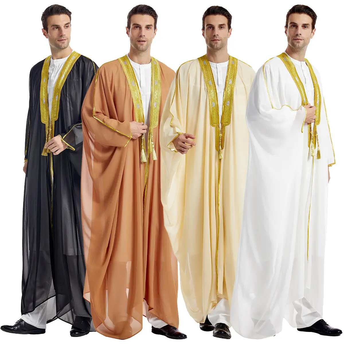 Men Arabic Robe Embroidered Long Sleeve with Golden Beads and Tassels Muslim Prayer Outfit Middle East Fashion Ramadan Clothing Ready Stock men s mode