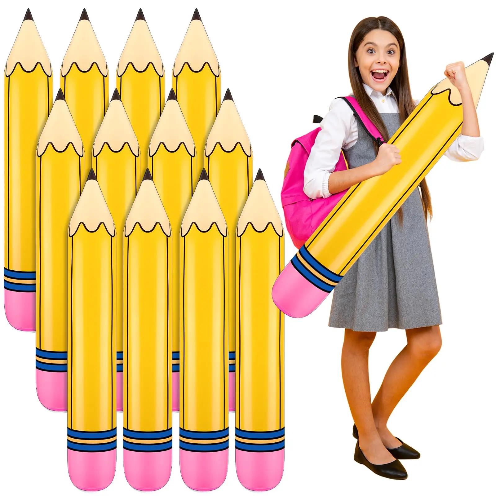 12-Piece Pastel Multicolor PVC Giant Inflatable Pencil Balloons, Creative Hanging Decor Prop for Back to School Classroom Welcome & First Day Party Supplies
