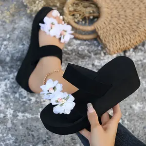 Women's Comfy Thick-Sole Beach Sandals - Open Toe, Black with Handcrafted 3D Floral Design, EVA Sole,-On Platform Shoes, Casual Slipons|Stylish Platform Heels|Strapless Sandals, Ladies Sandals