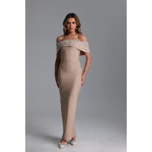 Bella Barnett Isme Elegant Contour Off Shoulder Pearl Rhinestone Bandage Maxi Dress