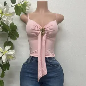 Pretty Pink, Black, and Ivory Sleeveless Top with Gold Leaf Accessory
