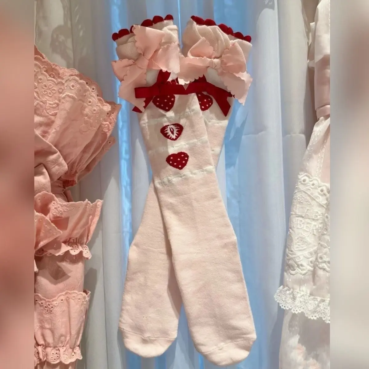 Women's Cotton Knee-High Socks, Fashion Cute Light Pink with Red Heart & Strawberry Print, Ruffle Cuff, Big Double Bow Decor, Sweet Lolita Kawaii Soft Girl Y2K Daily Hosiery
