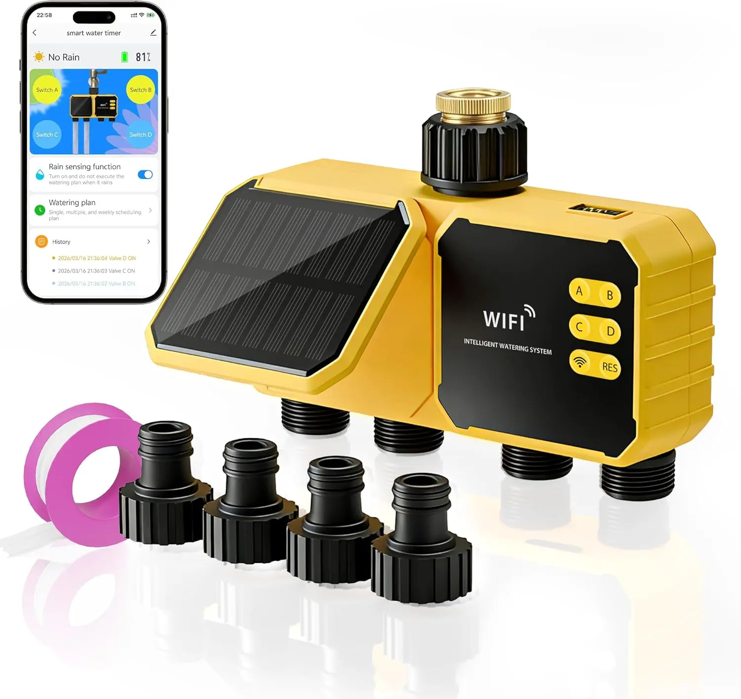 4 Zone Solar WiFi Sprinkler Timer, Smart Water Timer for Garden Hose 4 Outlets with Rain Delay/Automatic/Manual Watering System for Lawn Yard, APP Remote Voice Control Via 2.4Ghz WiFi No Need Hub