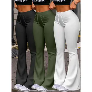Women’s Casual Fashion Long Pants Set, Drawstring Waist Design, Milk Silk Yoga Pants, Wide Leg Micro Flare, All Seasons Wear