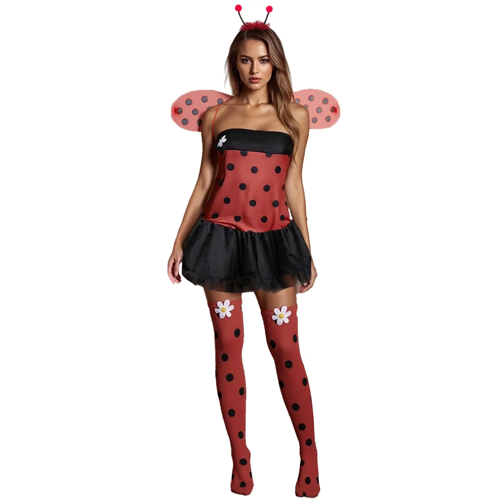 Women's Ladybug Halloween Costume Set - Role-Play Complete Outfit with Beetle Wings, Bee Fairy Dress, Headband, Leg Warmers for Unique Halloween Costume Ideas