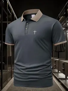 Men's Cross Print Short Sleeve Polo Shirt, Regular Fit Casual Breathable Comfortable Collared Top for Daily Outdoor Wear, Men's Clothes for Summer, TropicalGift