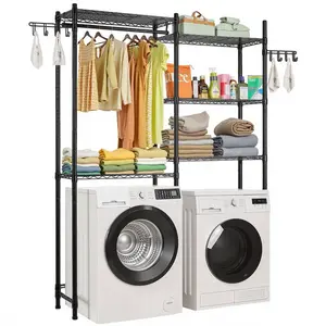 SummerWinsBlack 5-Tier Over Washer and Dryer Storage Shelf, Hangable Laundry Room Drying Rack with Hanger Rod and Hooks, 2-Row Adjustable Space-Saving Laundry Room Organization Accessorydealsforyoudays