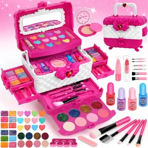 54 Pcs Kids Makeup Kit for Girl, Princess Toys Real Washable Cosmetic Set with Mirror, Kids Vanity, Pretend Play Set, Multi Activity Playset, Kids Makeup Sets for Girls, Play Make Up Christmas Birthday Gifts for 3 4 5 6 7 8 9 10 11 12 Years Old Kid (Rose)