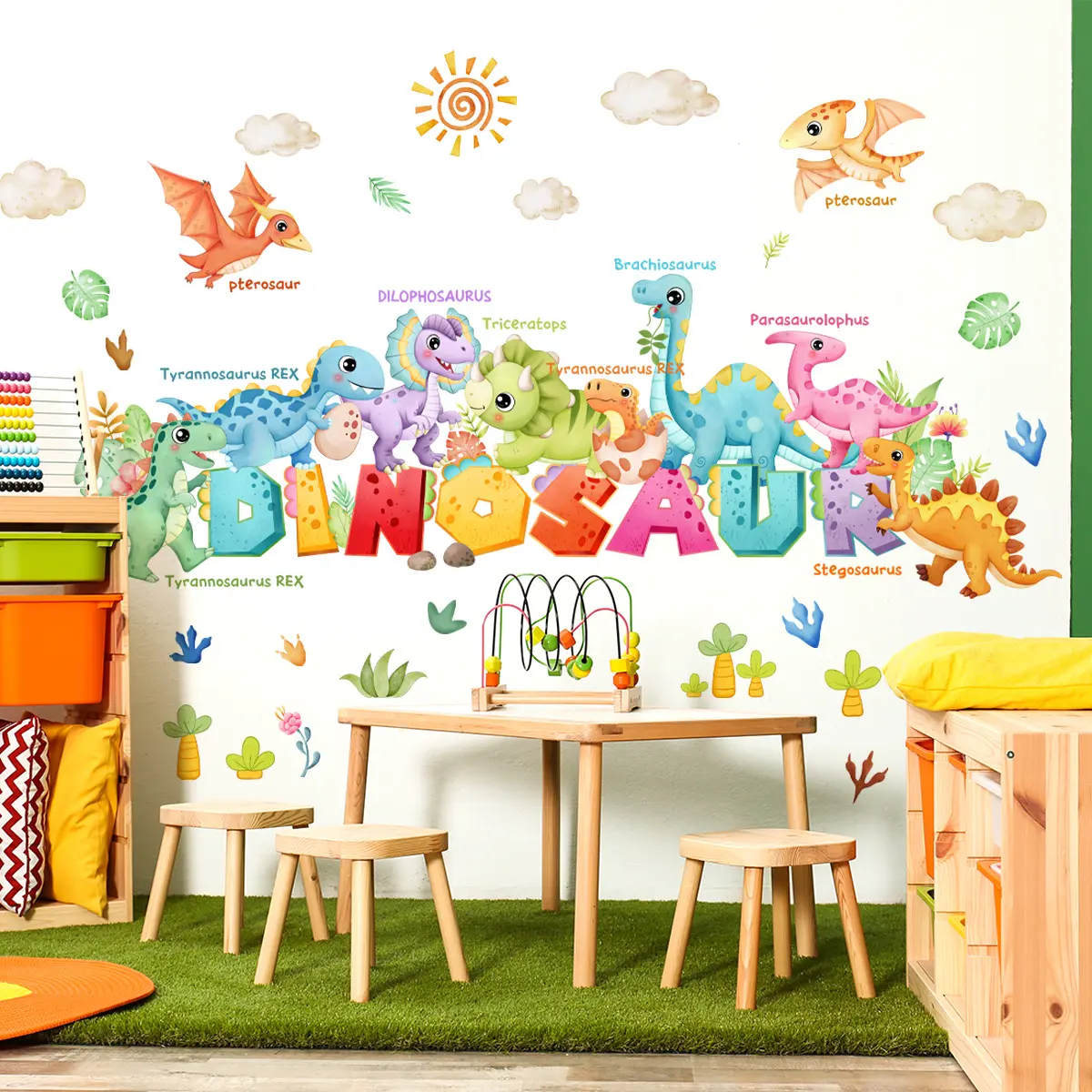 Set of 3 Pcs (30×90cm*3pcs) Colorful Dinosaur Alphabet Wall Stickers, Early Learning Wall Decor Stickers for Kids Room