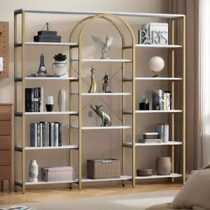 Triple Wide Gold Bookshelf, 70.87" W x 71.34" H Large Modern Etagere Bookcase, Tall Display Shelf with 13-Tier Open Shelves, Freestanding Staggered Storage Shelf for Home, White/Gold