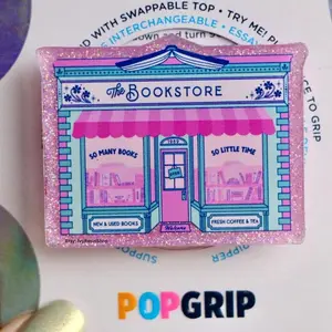 The Bookstore Cute Pink Sparkly Acrylic Resin Handmade Kindle Grip | Bookshop Kindle Grip | Cozy Book Themed Phone Grip | Cute Bookish Grip