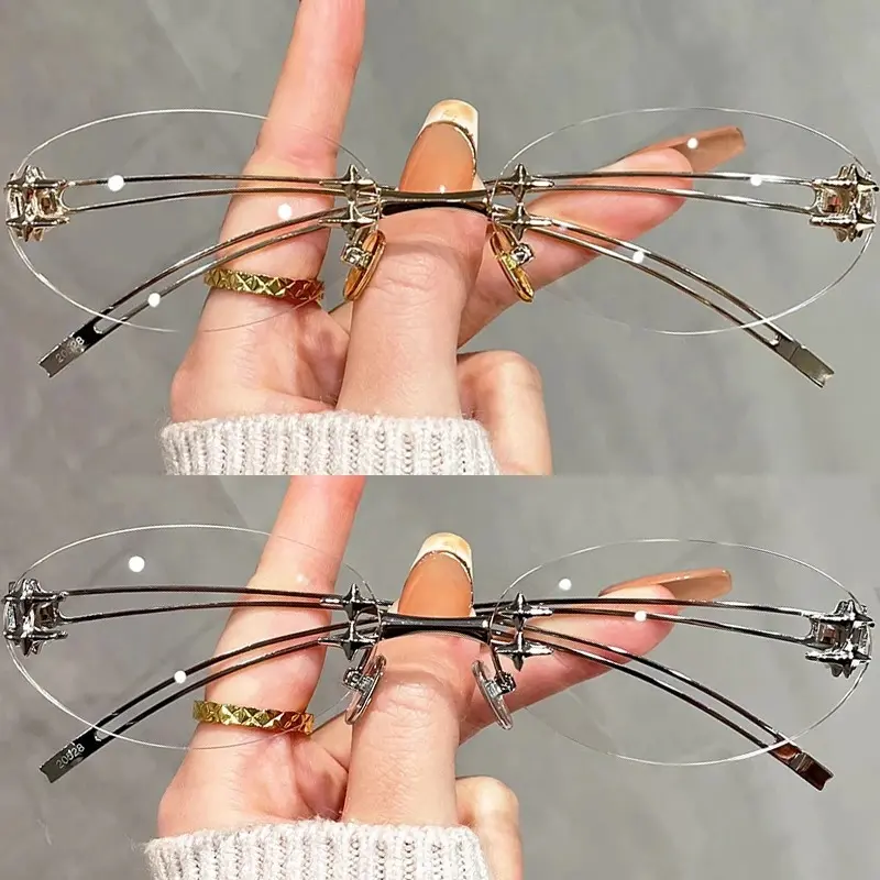 Women Oval Shape Rimless Metal Star Design Sunglasses Fahion Korean Style Sun Glasses Vintage Campus Style Female Y2K Eyewear