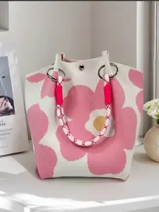 Blue Floral Knitted Handbag, Woven Bag, Knit Shoulder Bag, Commuter Tote, Cute Small Square Bag for All Seasons