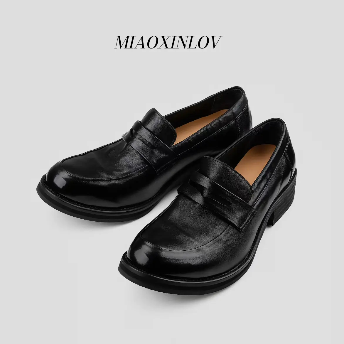 MIAOXINLOV Men's Vegetable Washed Full Grain Cowhide Penny Loafers, 4cm Block Heel Rubber Composite Outsole, Latex Cushioned Insole, Slip On Leather Dress Shoes for Business Casual Daily Wear
