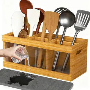 Countertop Utensil Holder with Adjustable 6 Compartments, Flatware Organizer for Spoons Forks Knives & Spatulas, Non-Slip Kitchen Counter Storage Caddy with Dry Mat
