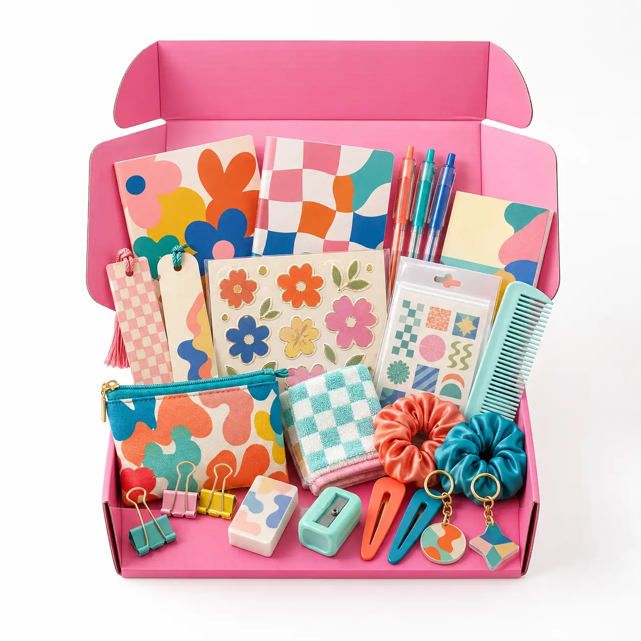 Millobox Pink Mixed Gift Box with Colorful Stationery, Hair Accessories and Everyday Finds, Birthday and Christmas Care Package for Women and Young Adults
