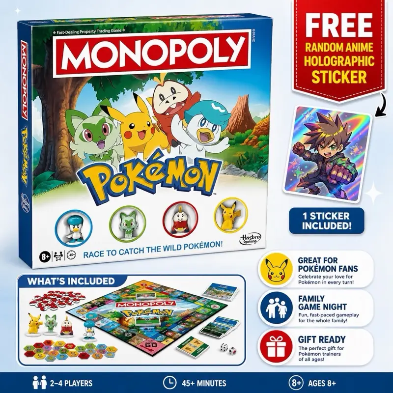 Monopoly Pokémon Edition Board Game – 2–4 Players, Ages 8+ | Factory Sealed + Free Random Holographic Anime Sticker