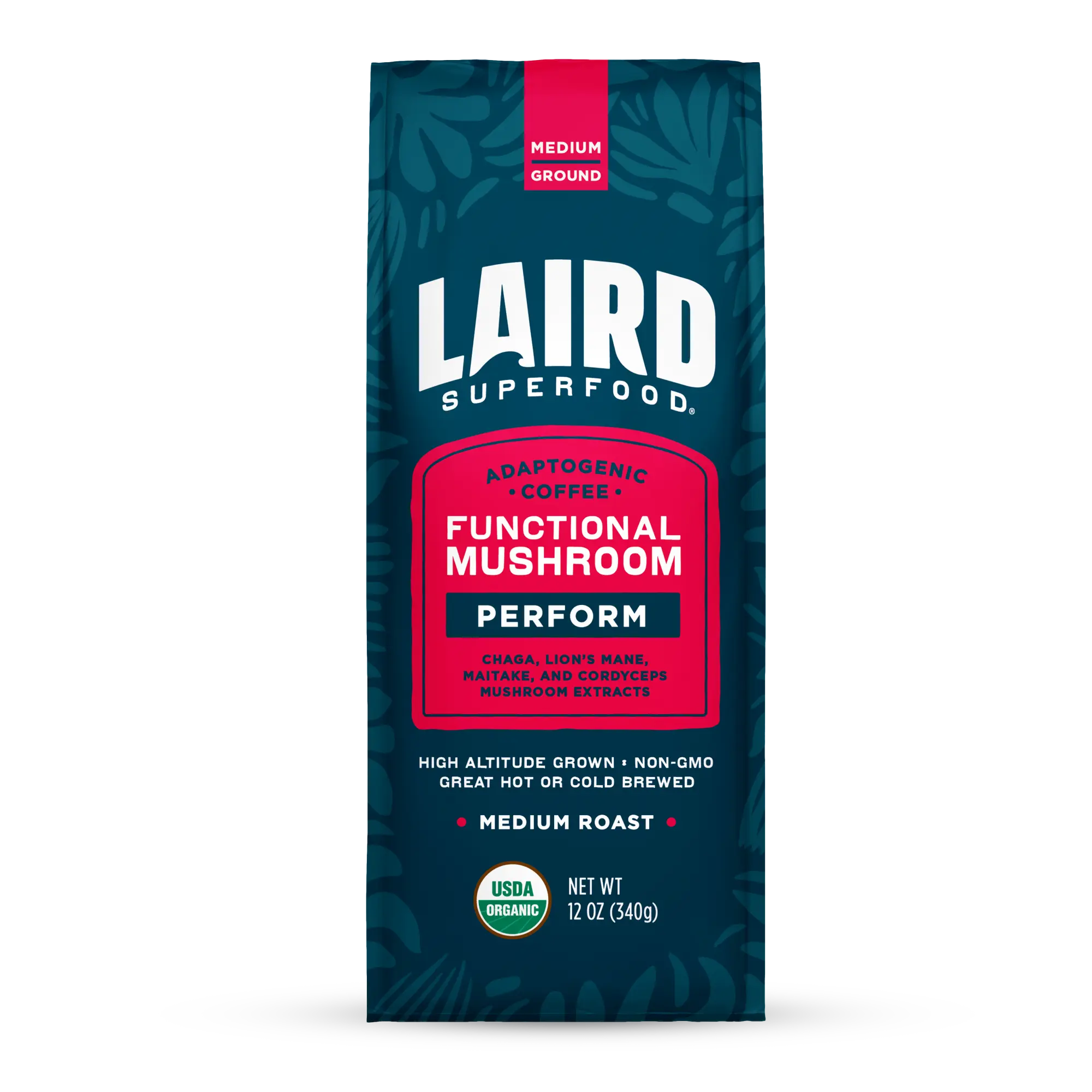 Laird Superfood Perform Organic Functional Mushroom Coffee Medium Roast Ground Arabica Beans Adaptogenic Non-GMO 12 oz