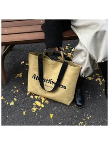 Casual Letter Print Canvas Tote Bag, Large Capacity Commute Shoulder Bag, Lazy Style Handbag, Student School Bag