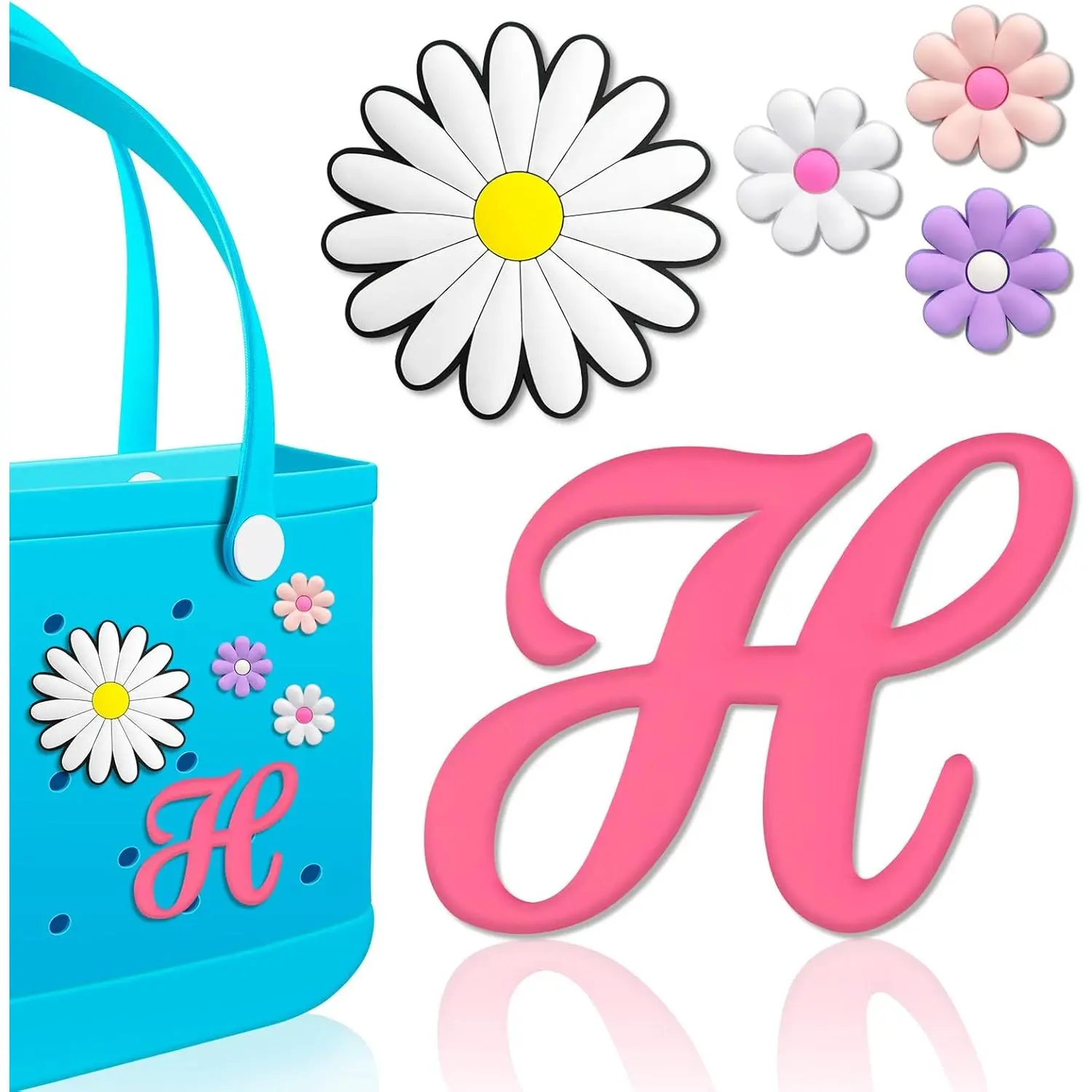 5 Pcs Letter Charms for Bog Bag Accessories - Clips, Insert, Charm Decorative Alphabet for Handbag, Beach Tote, Simple Modern Beach Bag, Rubber Tote Bag Pendant