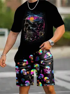 Men's Short Sleeve Short Pants Set, Trendy Clothing, Tee, Colorful Skull Pattern Print, Outdoor Casual Vacation Wear, Quick-Dry Breathable