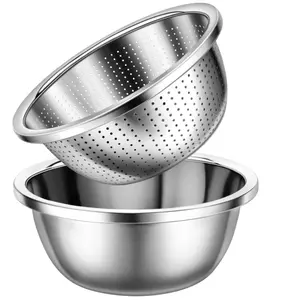 Colander 304 Stainless Steel 3-quart with Mixing Bowls, Strainer for Kitchen Food For washing vegetables, fruit, rice, Dishwasher Safe. (2PC)