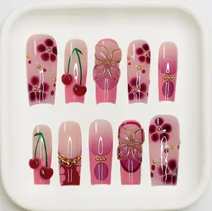 NailPop Co | Cherry Floral | Handmade Press-On Nails | Reusable, Salon-Quality, Long-Lasting, Glossy Design