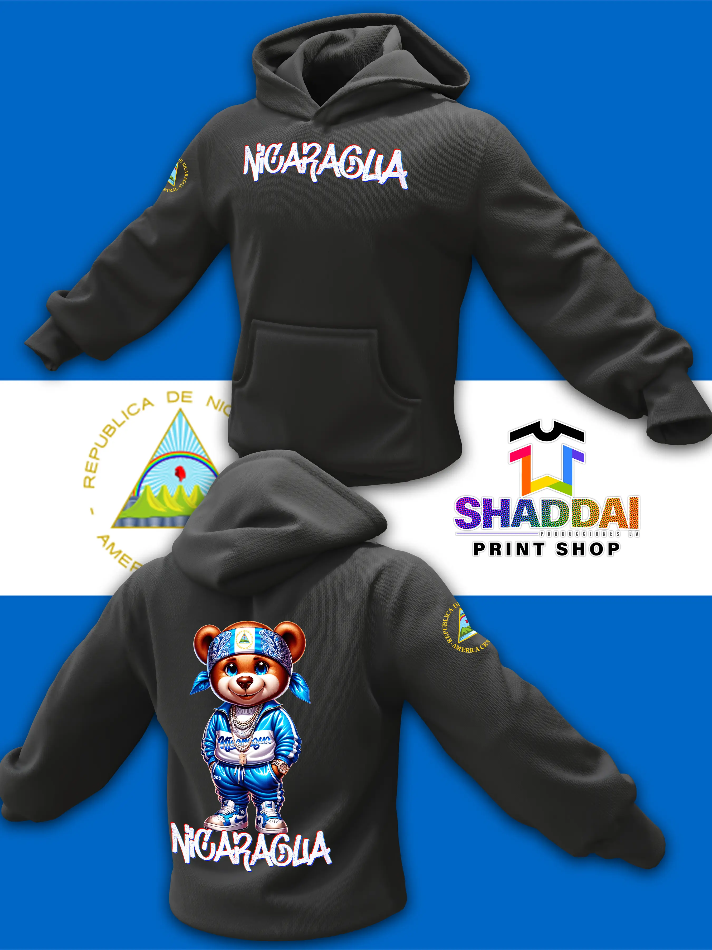 Unisex Cotton Hoodie, Menswear Stylish Longsleeves Pullover, Nicaragua Teddy Graphic Personalized Retro Tops Sweaters