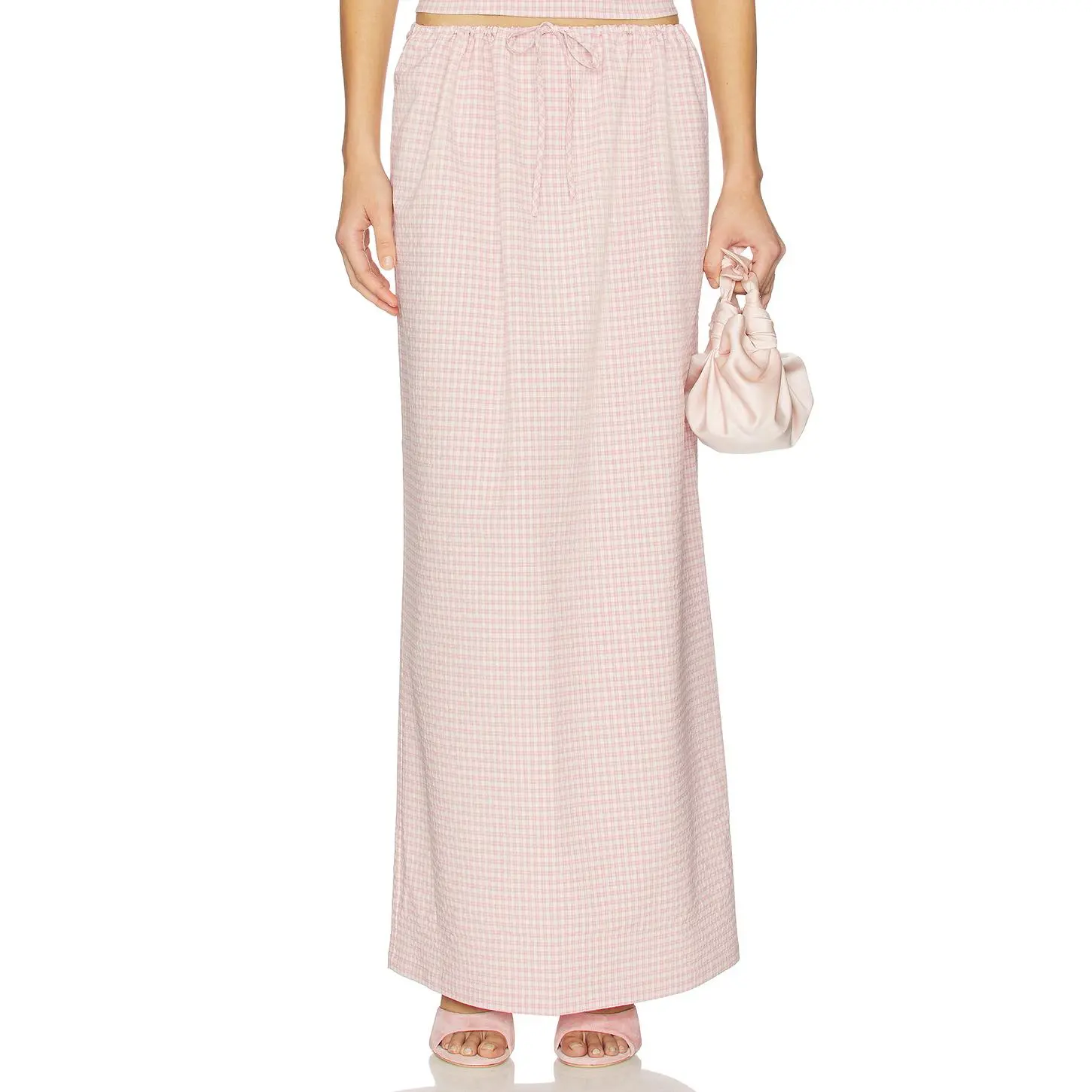 MORE TO COME Luciya Drawstring Maxi Skirt in Pink Plaid
