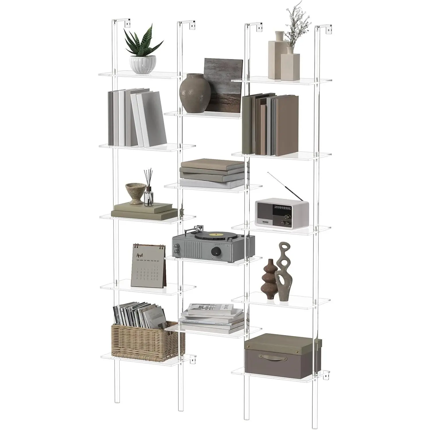 Acrylic Bookshelf, Wall Mounted, 5-Tier Clear Ladder Bookshelf with 14 Open Shelves, Multipurpose Bookcase for Living Room, Bathroom, Office, Modern, 9.5" D x 43.5" W x 72.8" H