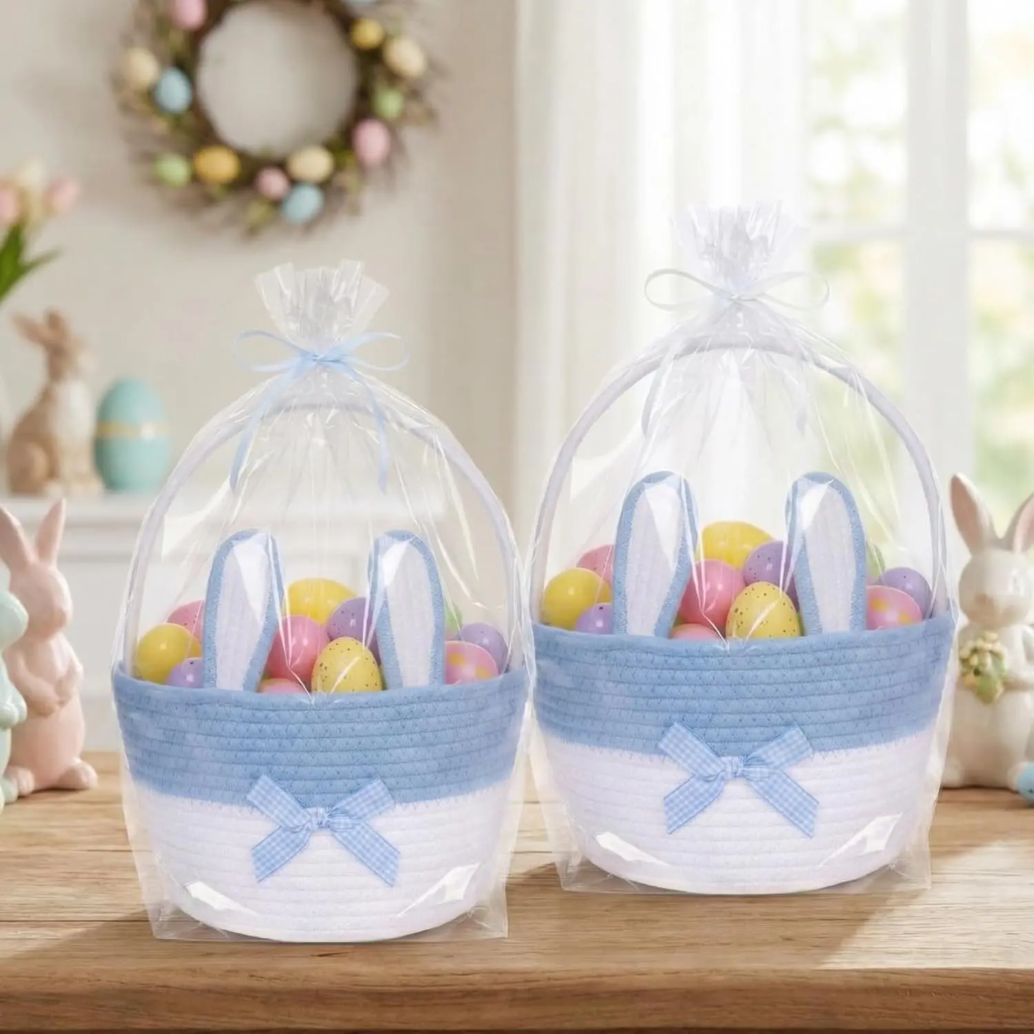 2 Set Easter Bunny Basket with Cellophane Bags and Ribbons Easter Egg Hunting Treasure Hunt Woven Basket Empty Bucket with Rabbit Ears for Gift Egg Hunts Party Decorations