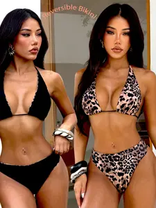 Women's Two-Piece Leopard Print Bikini Set, High Elasticity Fabric, Sexy Wild Style Triangle Cup Design, All-Season Beachwear Swimwear, Leopard Print Swimsuit