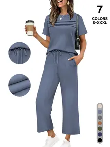 Women's 2-Piece/4-Piece Casual Short Sleeve Pajama Set, Breathable Top + Drawstring Pants with Pockets, Fashionable Home Wear