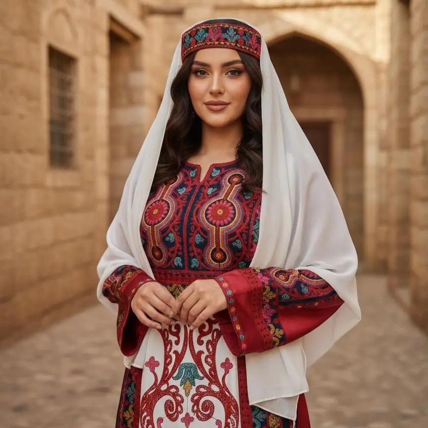 Royal Crimson Tatreez Thobe Set (Thobe + Belt + Tarha Band)