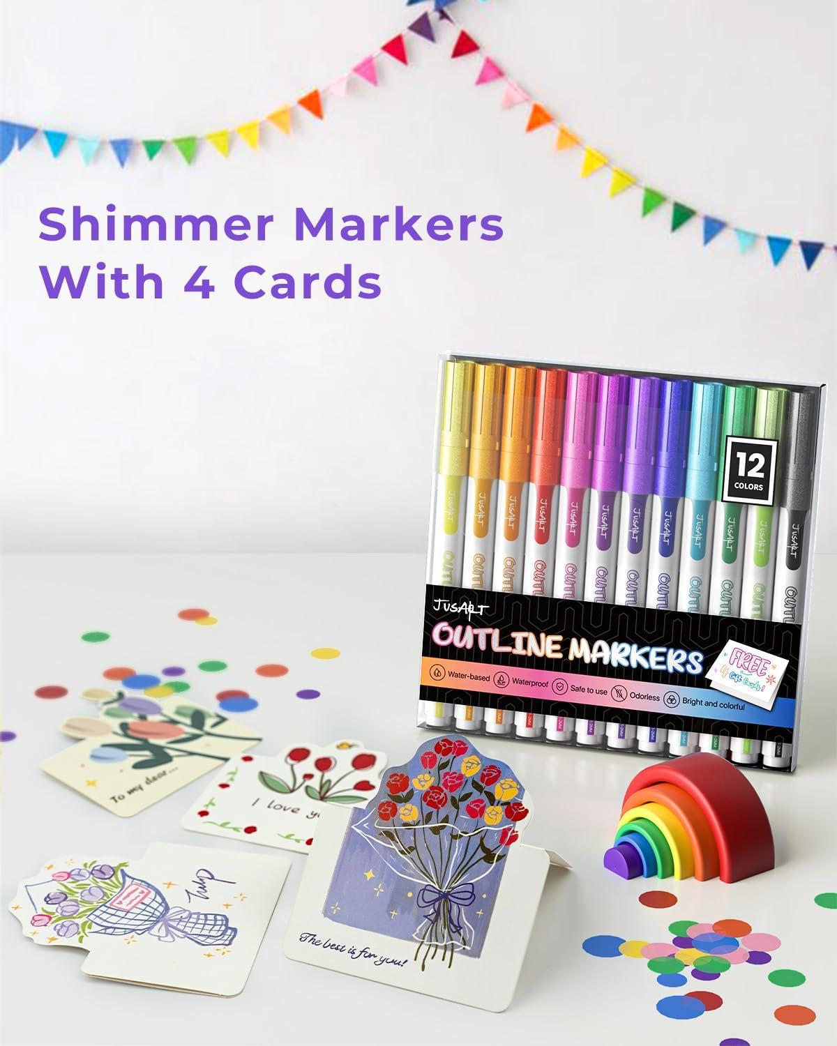 [JusArt] 12 Colors Outline Markers, Double Line Glitter Markers for Kids DIY Card Crafts, Metallic Markers Drawing Art Supplies Gift