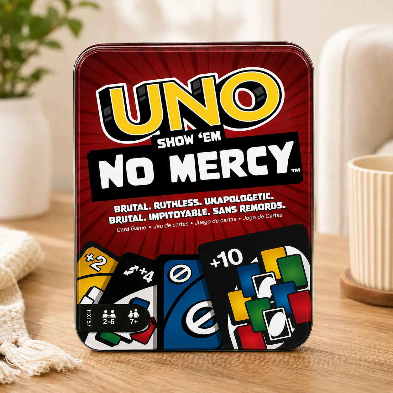 No Mercy Family Card Game with Storage Tin, Extra Cards, Special Action Rules & Tough Penalties, Travel Party Game for Ages 7+, 2–6 Players